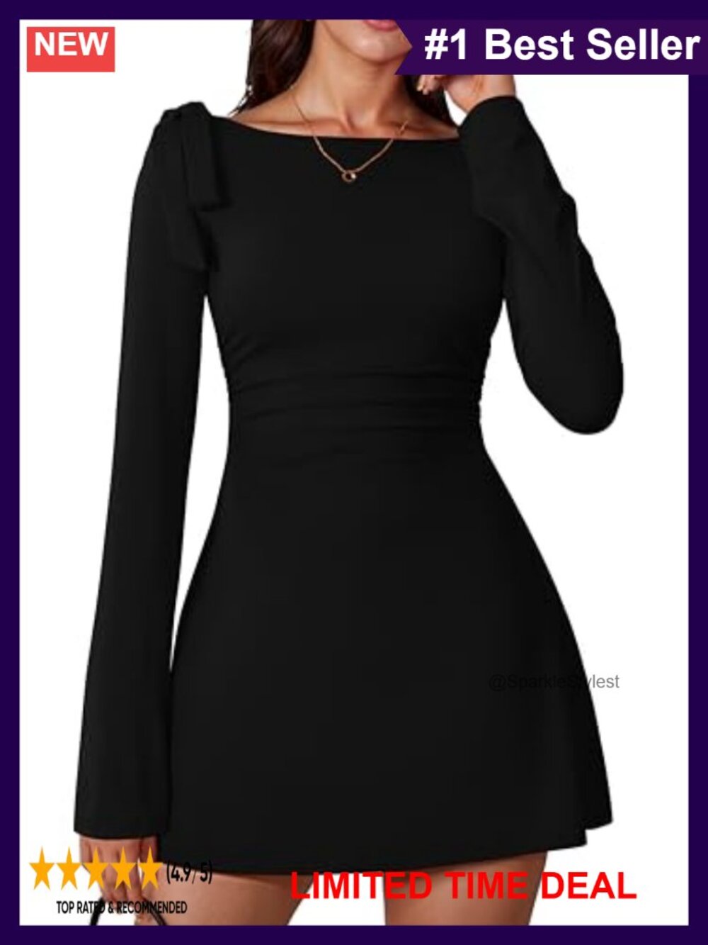 Nylon Spandex Boat Neck Long Sleeve Bow Tie Mini Dress
